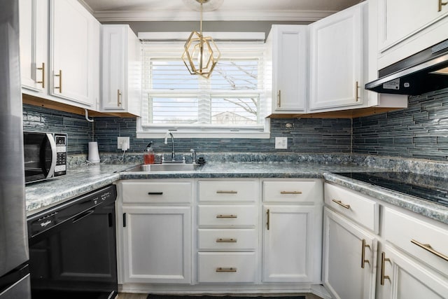 kitchen featuring decorative backsplash, under cabinet range hood, black appliances, white cabinetry, and a sink