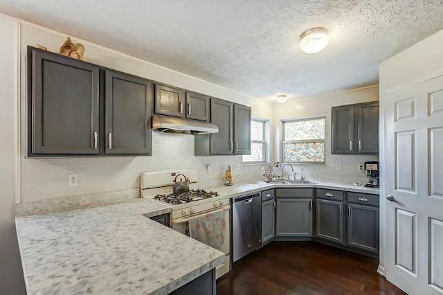 3093 Briar Ridge Rd, Columbus, OH 43232 - kitchen featuring dark wood-style flooring, gas range gas stove, stainless steel dishwasher, a sink, and under cabinet range hood