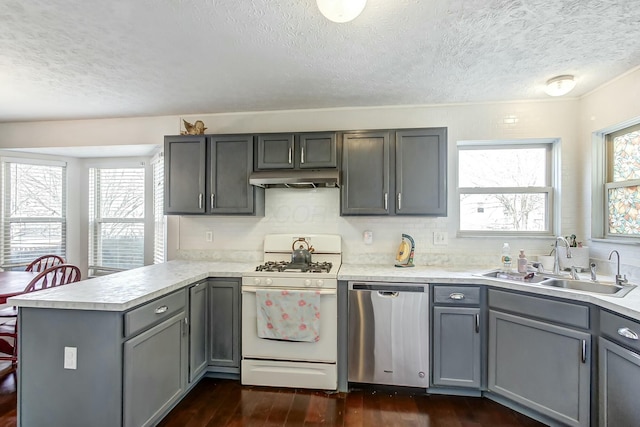 3093 Briar Ridge Rd, Columbus, OH 43232 - kitchen featuring under cabinet range hood, a peninsula, a sink, white gas range oven, and dishwasher