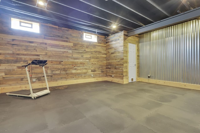 basement with wood walls