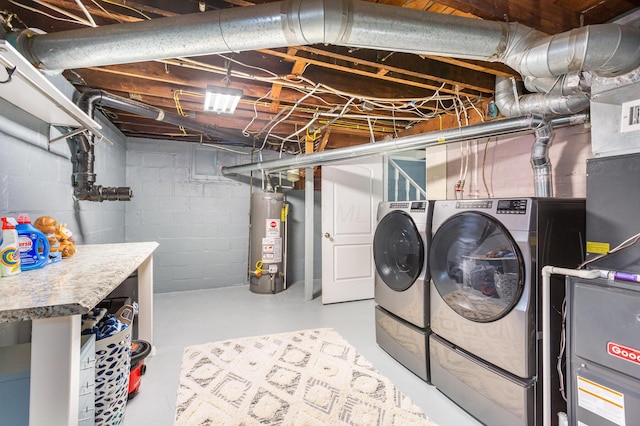 laundry room featuring laundry area, water heater, and washing machine and clothes dryer