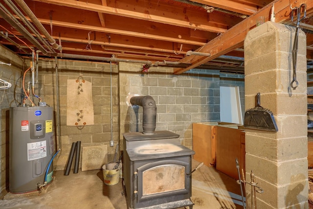 unfinished basement featuring electric water heater