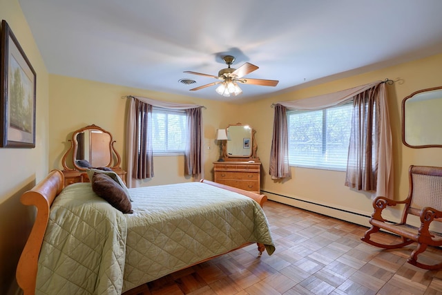 bedroom with ceiling fan, a baseboard radiator, and visible vents