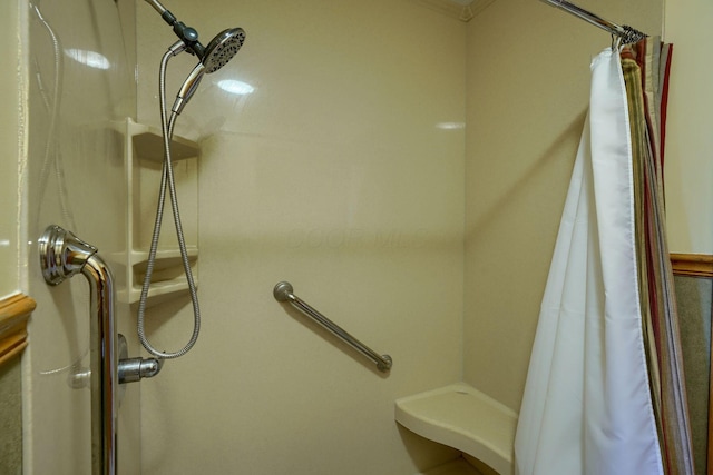 room details with curtained shower
