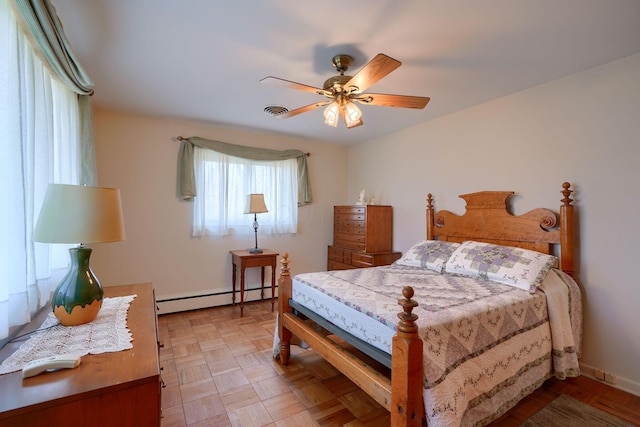 bedroom featuring a baseboard heating unit, visible vents, ceiling fan, and baseboards