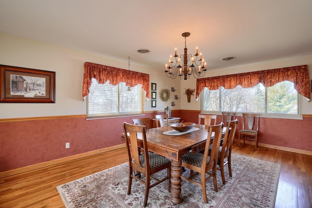 dining space with a wainscoted wall, visible vents, and plenty of natural light