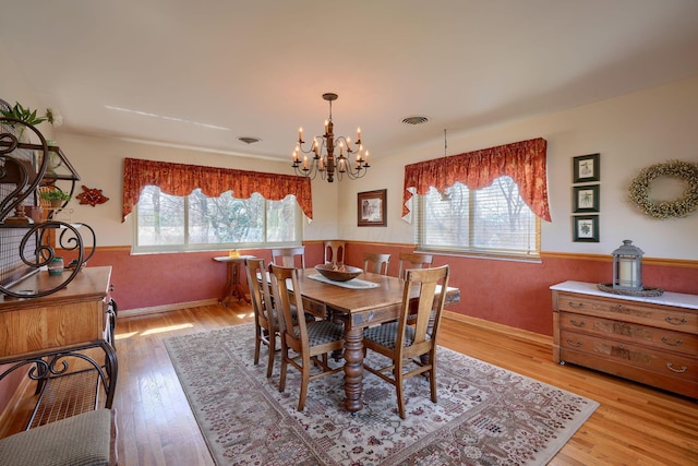 dining area featuring light wood-type flooring, a wainscoted wall, and visible vents