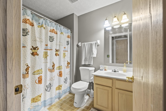 bathroom with curtained shower, visible vents, toilet, a textured ceiling, and vanity