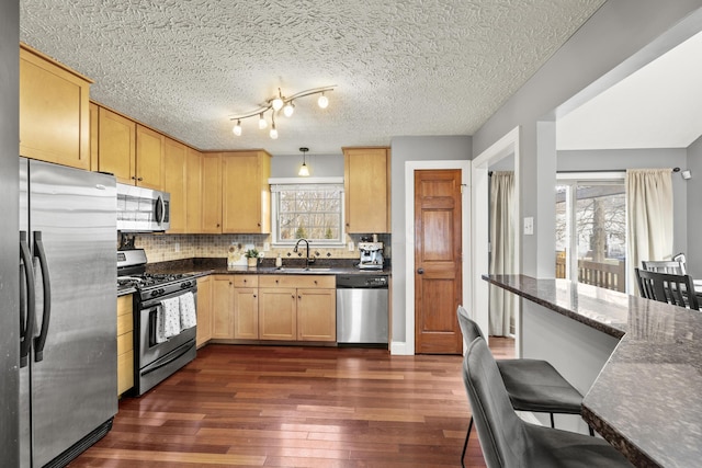 kitchen featuring light brown cabinets, a sink, appliances with stainless steel finishes, backsplash, and dark wood finished floors