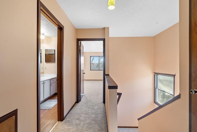 hall featuring a textured ceiling, baseboards, an upstairs landing, and light colored carpet