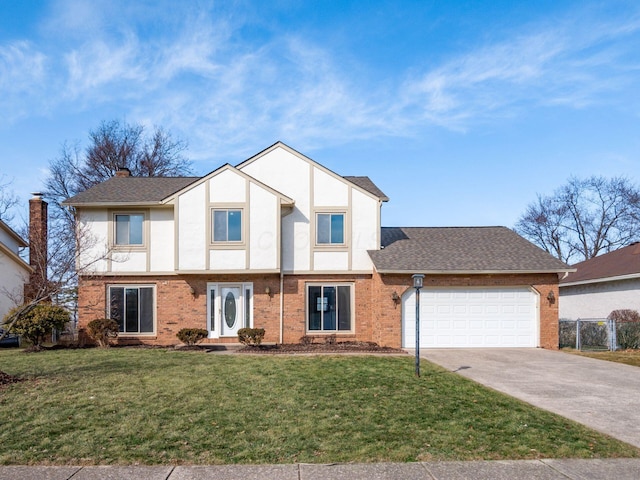 view of front of house featuring a garage, driveway, stucco siding, a front yard, and brick siding