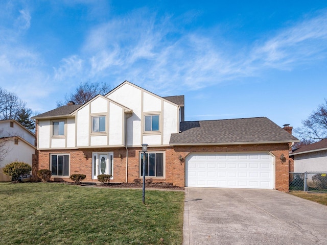 view of front of home featuring driveway, brick siding, an attached garage, and a front yard