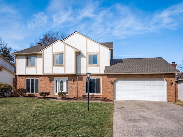 tudor house featuring concrete driveway, stucco siding, an attached garage, a front lawn, and brick siding