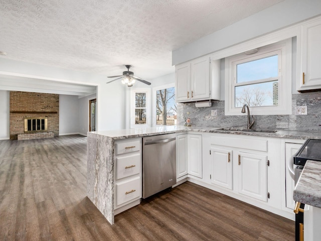 kitchen featuring dark wood-type flooring, a sink, stainless steel dishwasher, decorative backsplash, and plenty of natural light