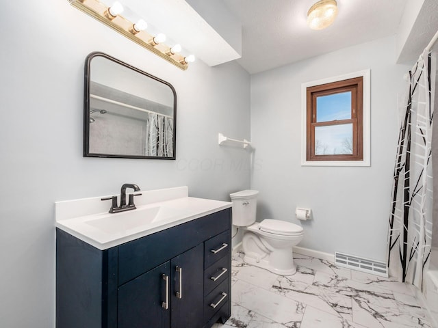 bathroom with marble finish floor, visible vents, toilet, vanity, and baseboards