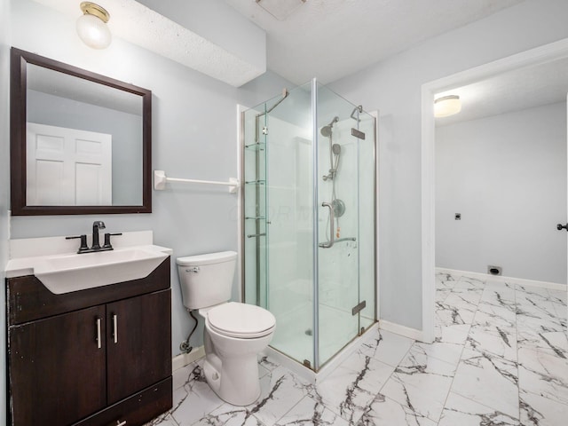 full bath featuring marble finish floor, toilet, a stall shower, vanity, and baseboards