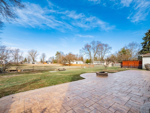 view of patio / terrace with an outdoor fire pit and fence