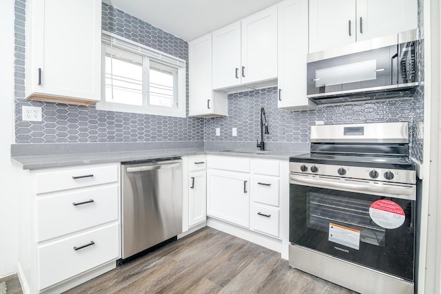 kitchen featuring white cabinets, wood finished floors, a sink, stainless steel appliances, and backsplash