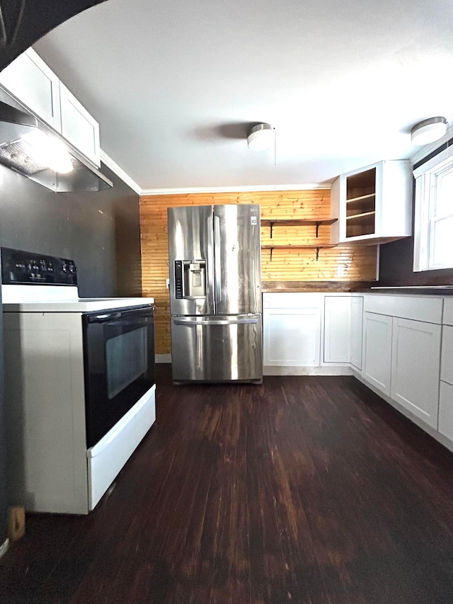 kitchen with dark wood-type flooring, range with electric stovetop, stainless steel fridge, and white cabinetry