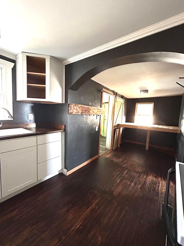 kitchen featuring arched walkways, a barn door, a sink, dark wood-style floors, and dark countertops