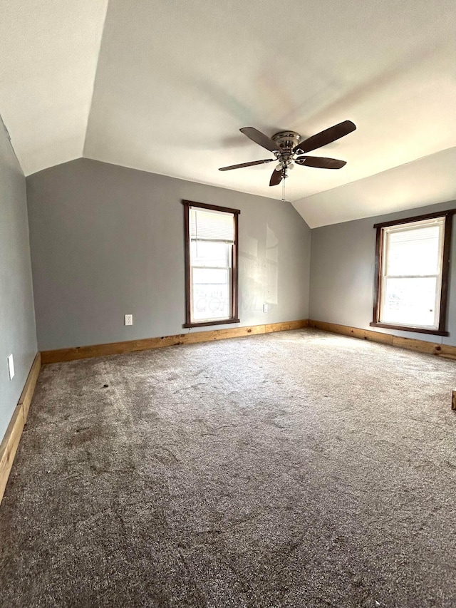 additional living space featuring a wealth of natural light, vaulted ceiling, and carpet