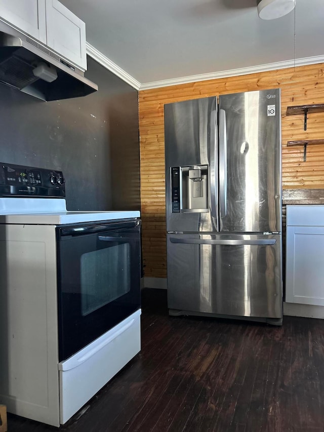 kitchen with range with electric stovetop, under cabinet range hood, stainless steel refrigerator with ice dispenser, ornamental molding, and dark wood-type flooring