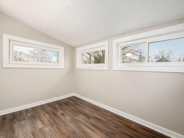 unfurnished room featuring dark wood-type flooring, vaulted ceiling, a textured ceiling, and baseboards