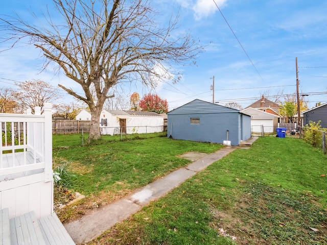 view of yard with a fenced backyard and an outbuilding