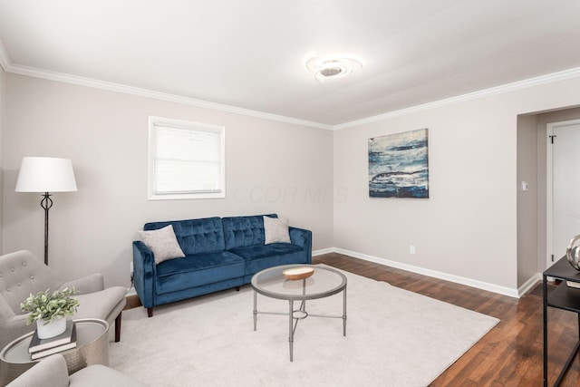 living area with crown molding, baseboards, and dark wood-style flooring