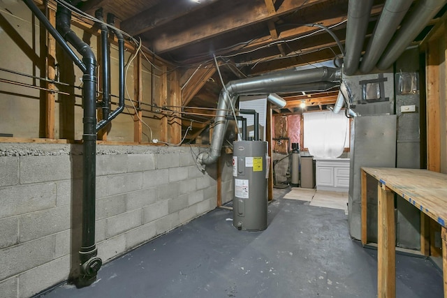 unfinished basement with electric water heater