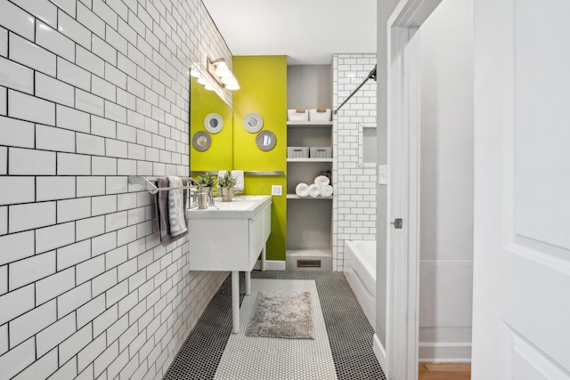 full bath featuring a shower, vanity, tile patterned flooring, and a bathing tub