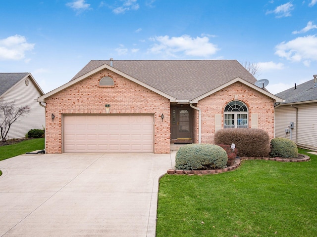 single story home with brick siding, a front lawn, concrete driveway, roof with shingles, and a garage