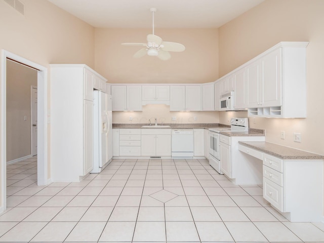 kitchen with white appliances, visible vents, ceiling fan, a sink, and white cabinets