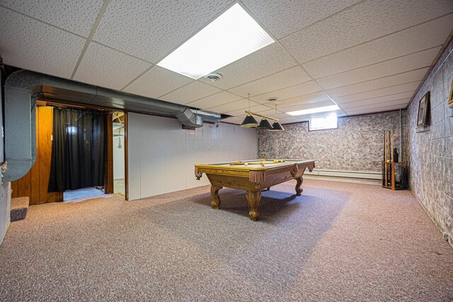 rec room featuring pool table, a baseboard radiator, carpet flooring, and a paneled ceiling