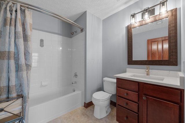 bathroom with toilet, shower / bath combo, a textured ceiling, vanity, and tile patterned floors
