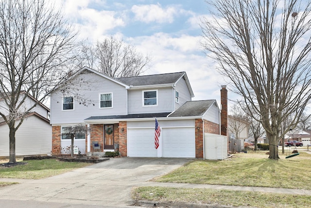 traditional-style house featuring concrete driveway, a chimney, an attached garage, a front lawn, and brick siding