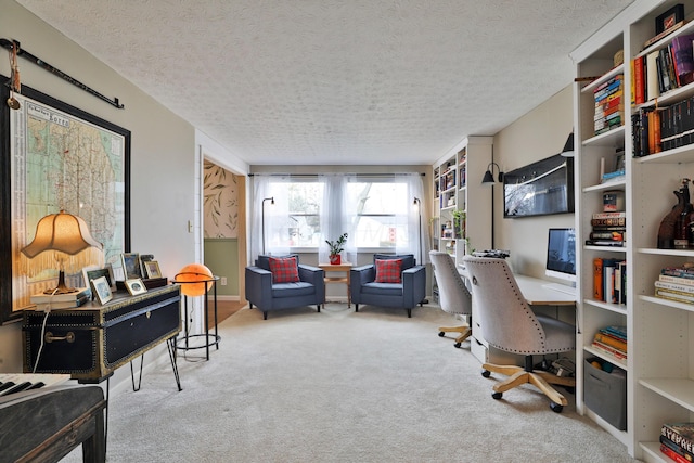 carpeted office with a textured ceiling