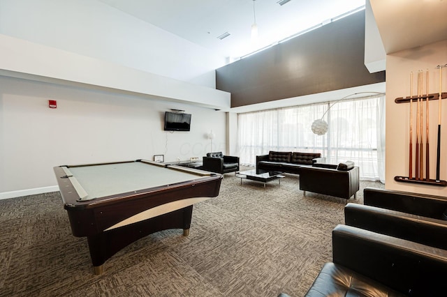 recreation room with carpet floors, a high ceiling, pool table, and baseboards