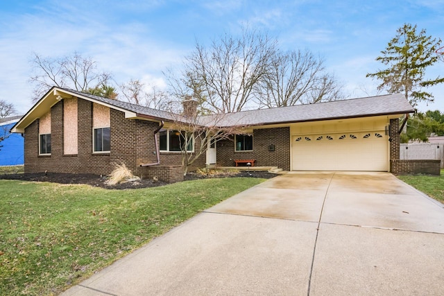 ranch-style house featuring brick siding, driveway, a front yard, and a garage