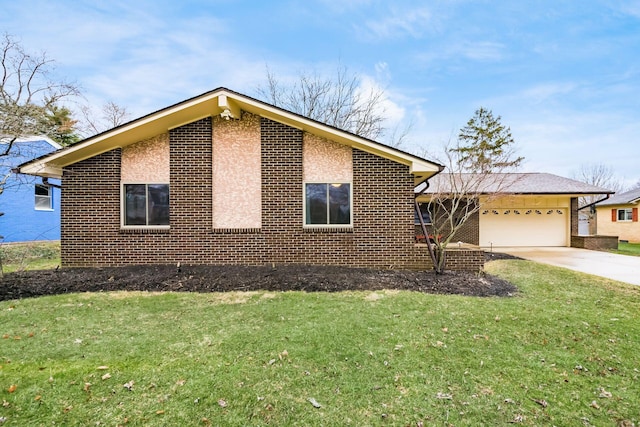 view of side of home with driveway, brick siding, an attached garage, and a lawn