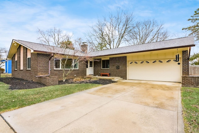 ranch-style home featuring brick siding, driveway, a chimney, and a garage