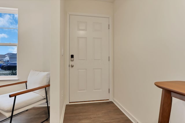 entryway with baseboards and wood finished floors