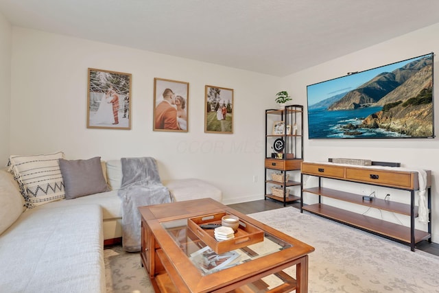 living area with baseboards and wood finished floors