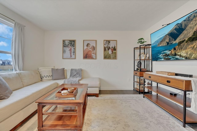 living area featuring baseboards and wood finished floors