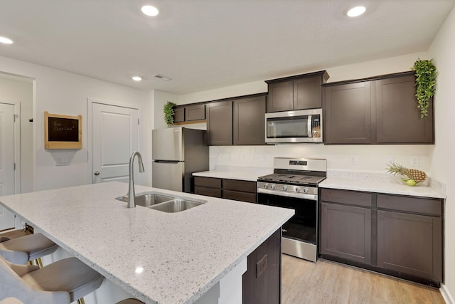 kitchen with a kitchen breakfast bar, stainless steel appliances, light wood-style floors, a sink, and recessed lighting