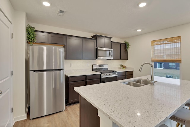 kitchen with recessed lighting, visible vents, light wood-style flooring, appliances with stainless steel finishes, and a sink