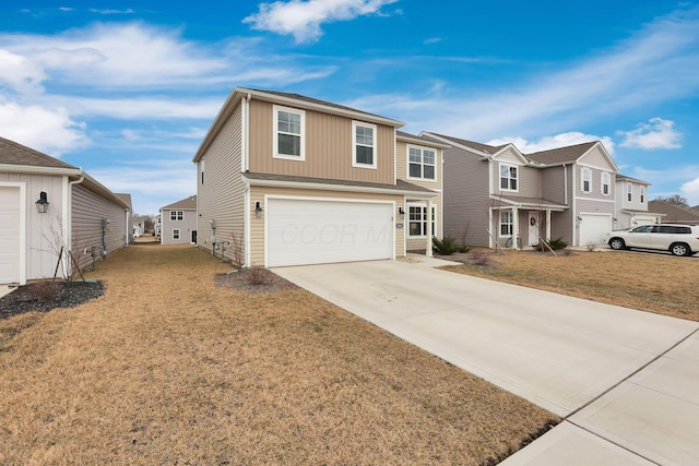 traditional-style home featuring a front lawn, a residential view, concrete driveway, and an attached garage