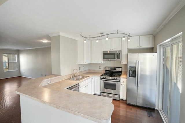 kitchen featuring a peninsula, a healthy amount of sunlight, appliances with stainless steel finishes, and a sink