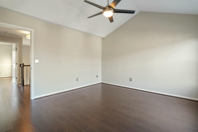 unfurnished room with lofted ceiling, baseboards, dark wood-style flooring, and ceiling fan