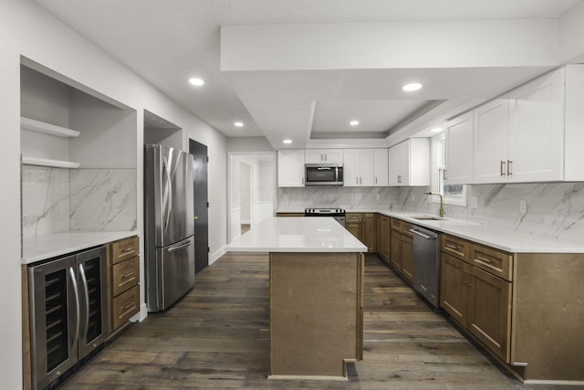 kitchen with open shelves, dark wood-style floors, beverage cooler, and stainless steel appliances